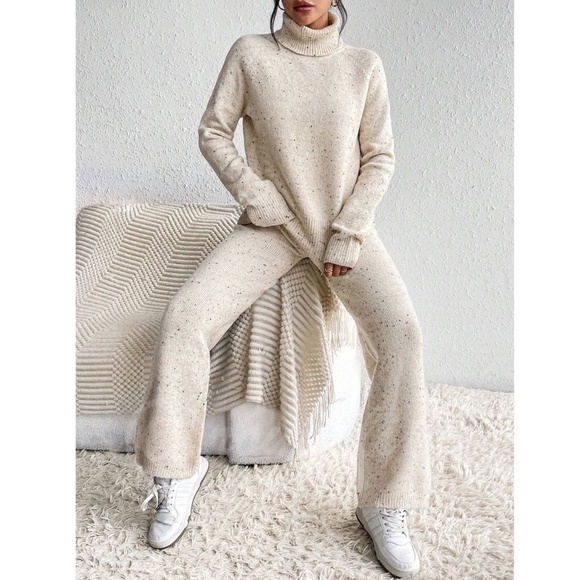 2 Piece Knit Set Turtleneck Sweater & Pants Beige - Picture 6 of 16